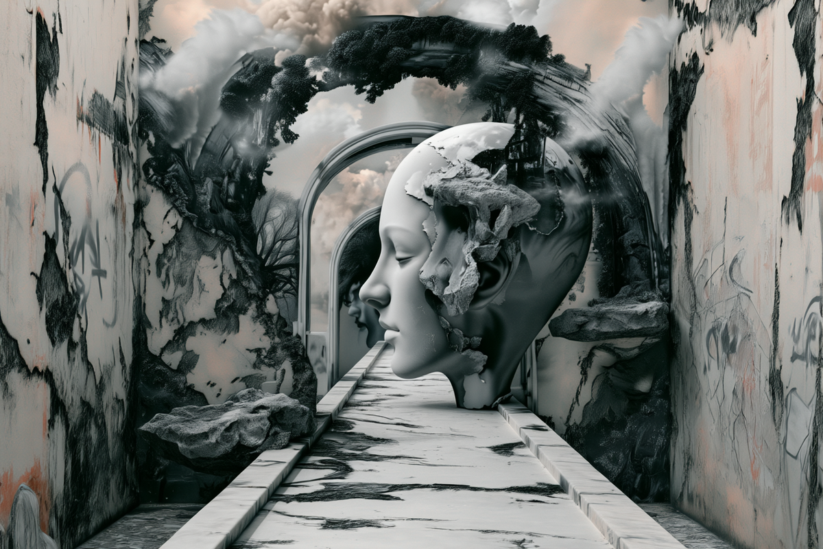 Surrealer zerfallener Kopf in einem monochromen Korridor mit Bögen und Spiegelungen