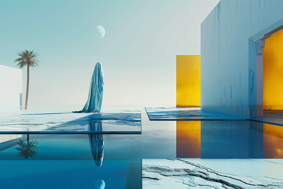 Blau verhüllte Gestalt in heller minimalistischer Architektur mit Wasser, Palme und Mond