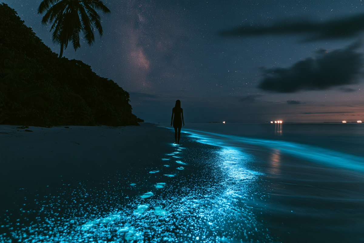 Einsame Person an einem nächtlichen Strand mit blau leuchtender Spur im Wasser