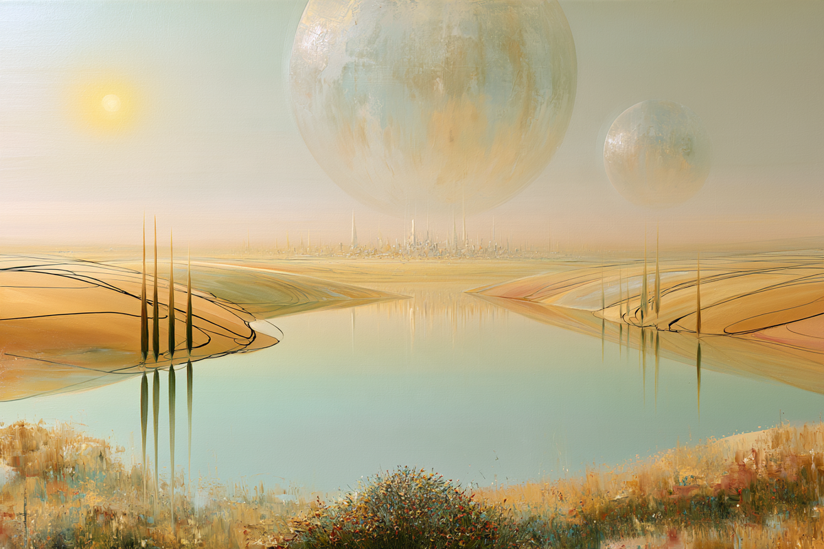 Stadt unter fremden Monden – digitale Kunst im Querformat 3:2 mit Planeten, Stadt, Traumlandschaft