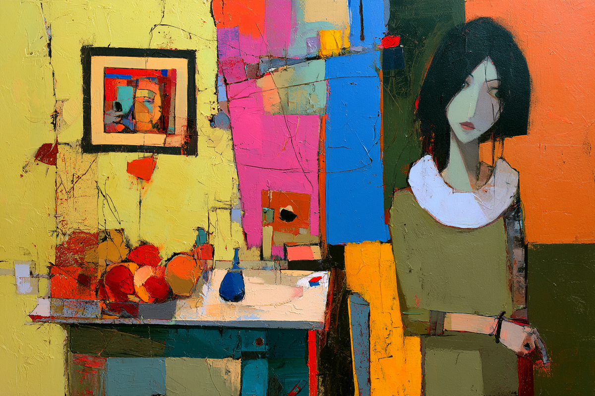 Die Frau im Farbenzimmer – digitale Kunst im Querformat 3:2 mit Frau, Interieur, Farben