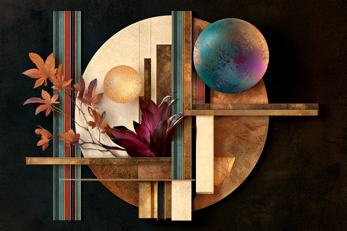 Botanische Geometrie II – digitale Kunst im Querformat 3:2 mit Blätter, Blüten, Kreise