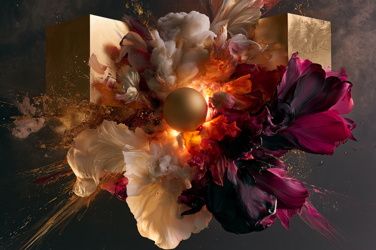 Explosion der Blüten – digitale Kunst im Querformat 3:2 mit Blüten, Gold, Energie