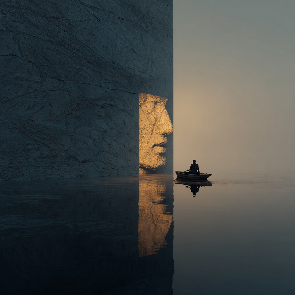 Silhouette eines Menschen im Boot vor einer monumentalen Wand mit goldbeleuchtetem Gesichtsprofil, gespiegelt im ruhigen Wasser.