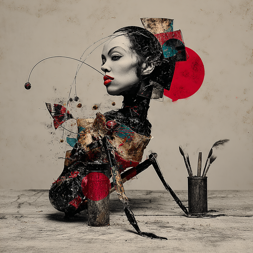 Surrealistische Künstlerfigur mit Frauenkopf, geometrischen Formen und Pinseln in einem Atelier.