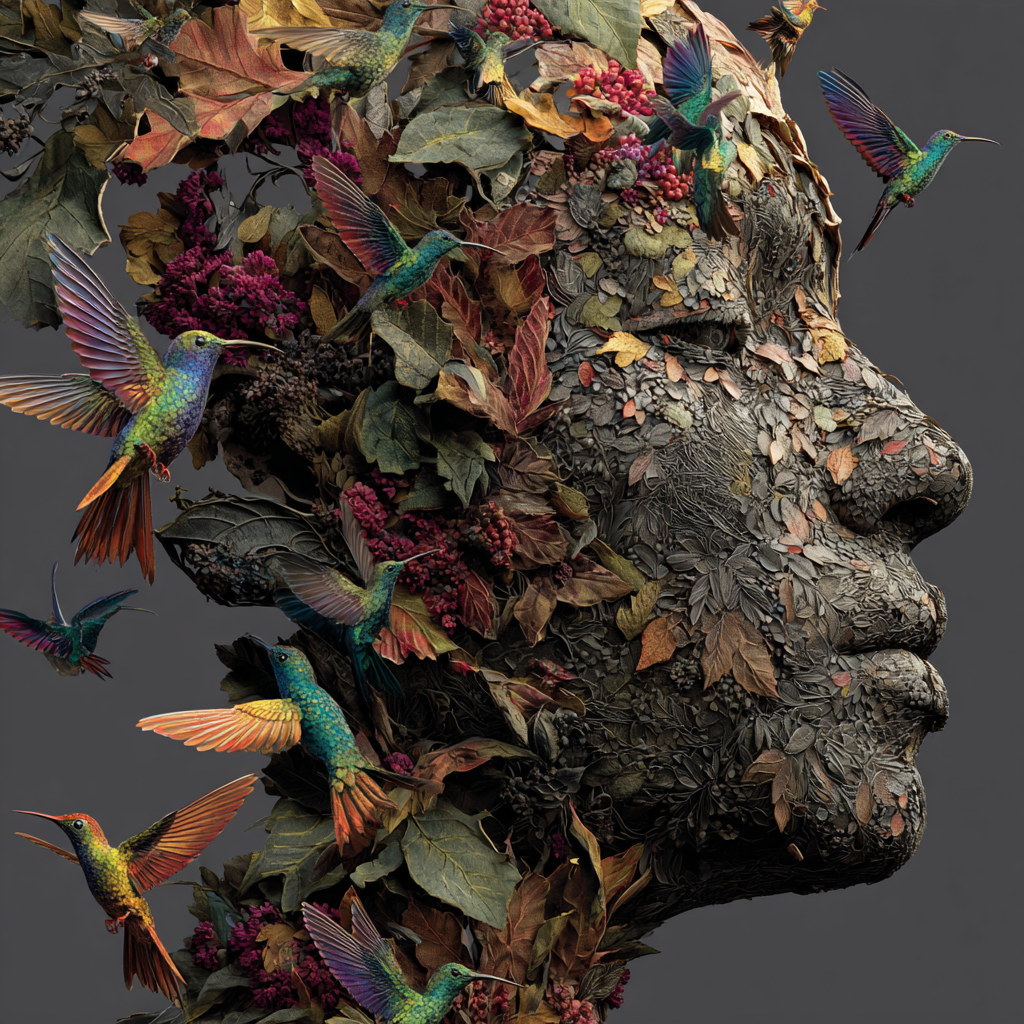 Menschliches Profil aus Blättern und Rinde mit schwebenden Kolibris.