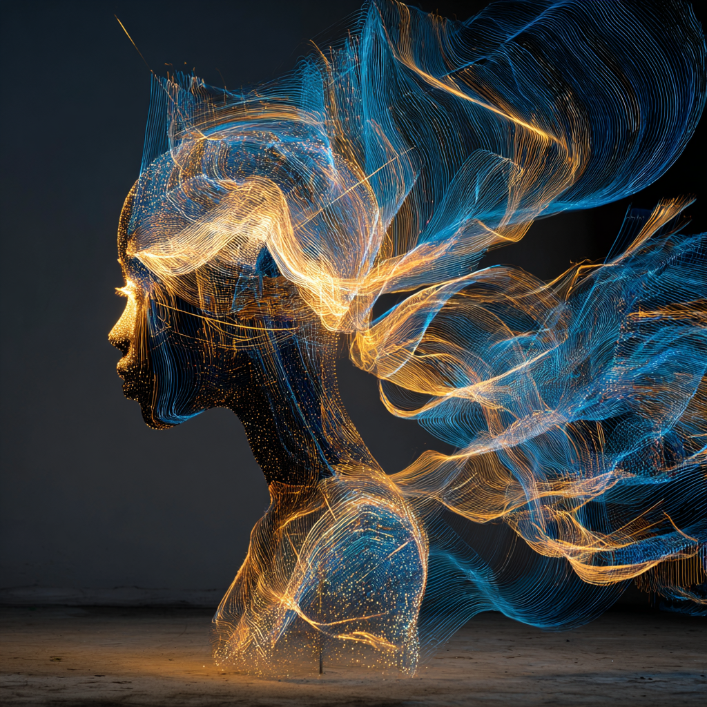 Weibliche Silhouette aus goldenen und blauen Lichtlinien, die sich in fließende Bewegung auflösen.