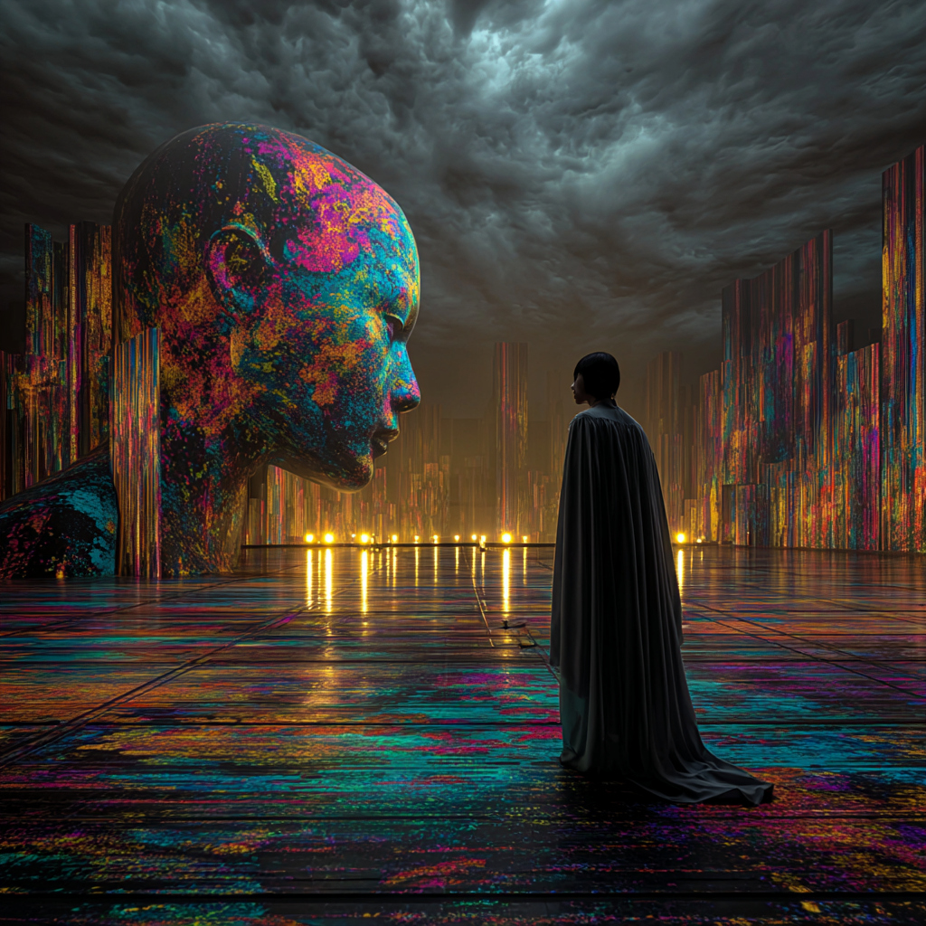 Einsame Figur steht vor riesigem farbintensivem Kopf in futuristischer Stadtlandschaft unter dramatischem Himmel.