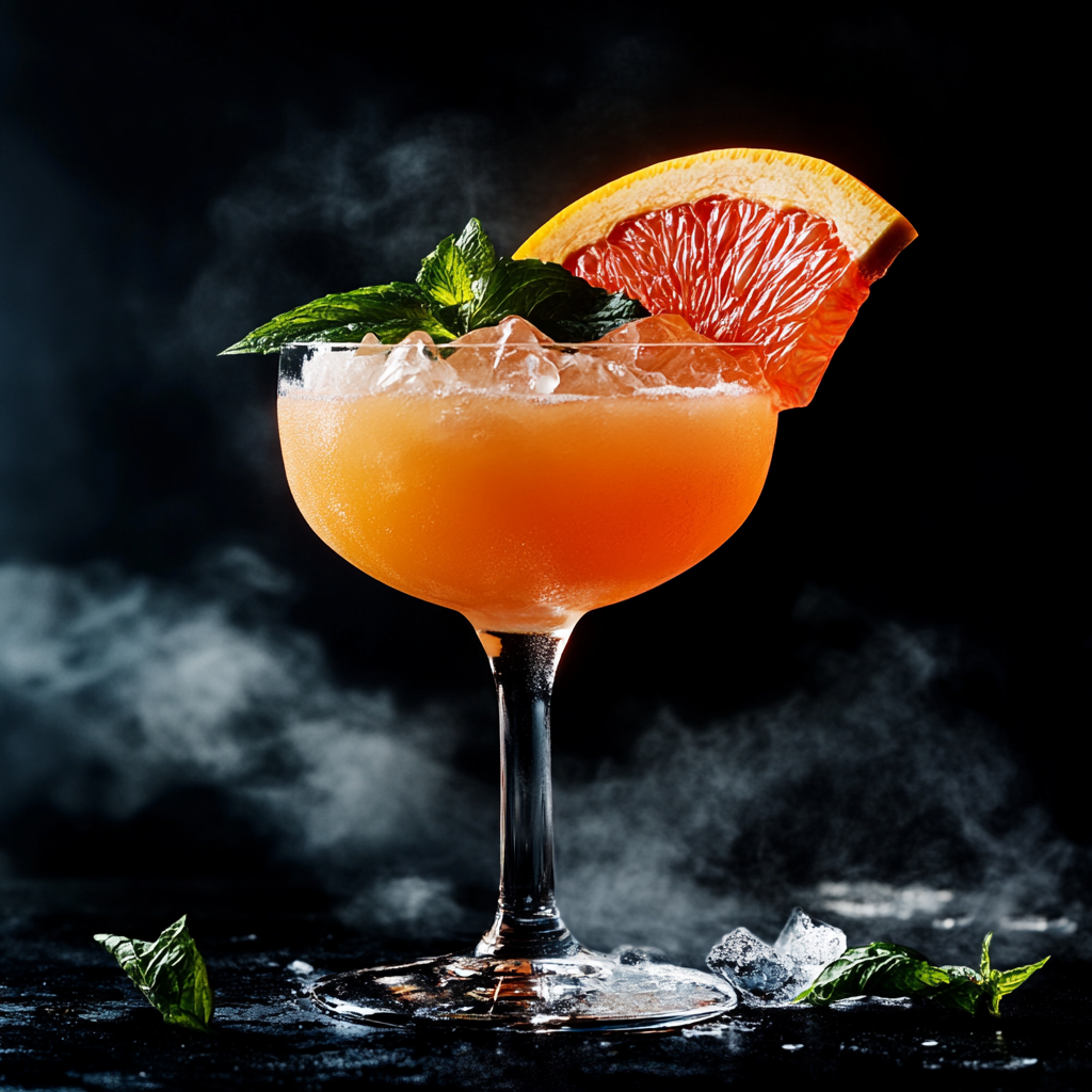 Stimmungsvolles Stillleben eines Cocktails mit Grapefruit, Minze und Eis vor dunklem Hintergrund.