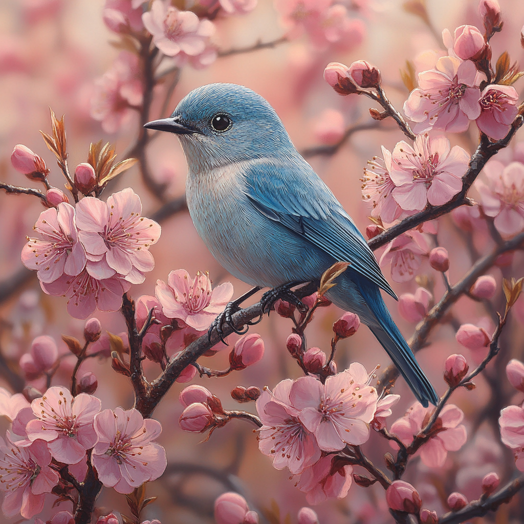 Blauer Vogel sitzt auf einem Zweig mit rosafarbenen Kirschblüten in ruhiger Frühlingsstimmung.