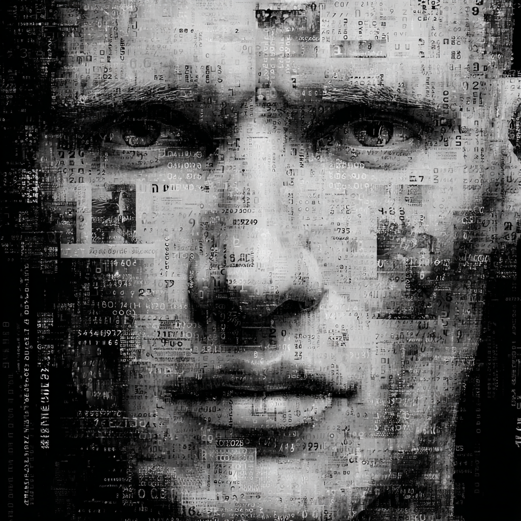 Abstraktes schwarz-weißes Porträt eines Gesichts, überlagert von Zahlen und typografischen Fragmenten.