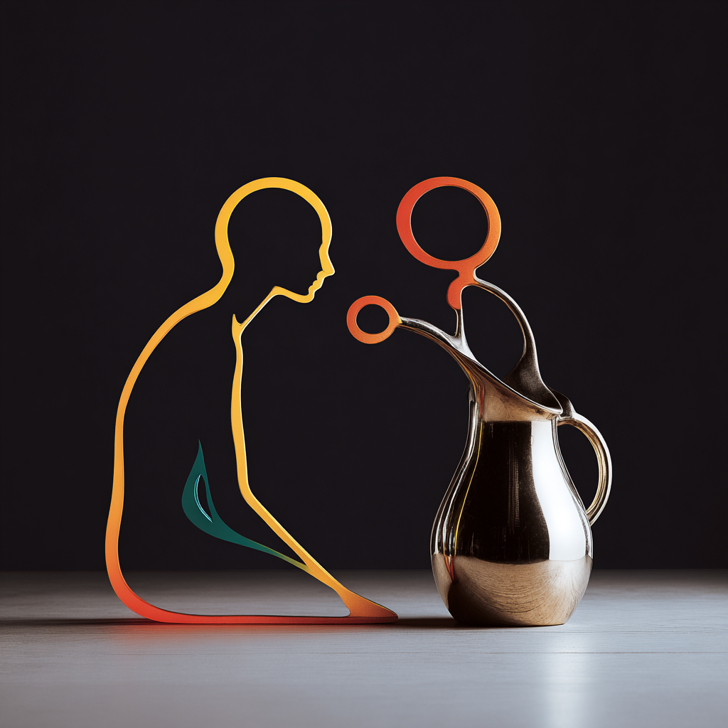Abstrahierte menschliche Figur aus Linienform steht einem skulpturalen Gefäß mit symbolischer Öffnung gegenüber.