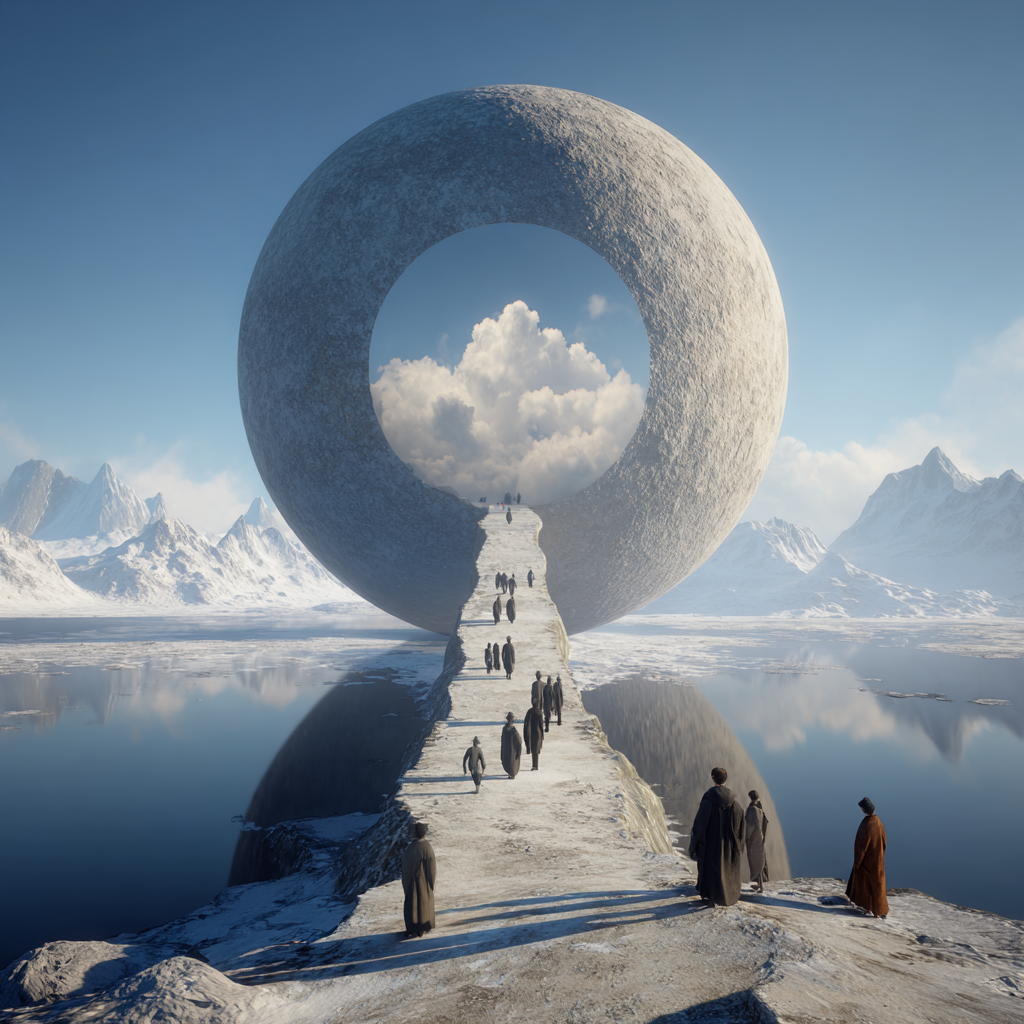 Symbolische Landschaft mit Menschen auf einem Weg zu einem monumentalen steinernen Ring über Wasser, ruhige und meditative Atmosphäre