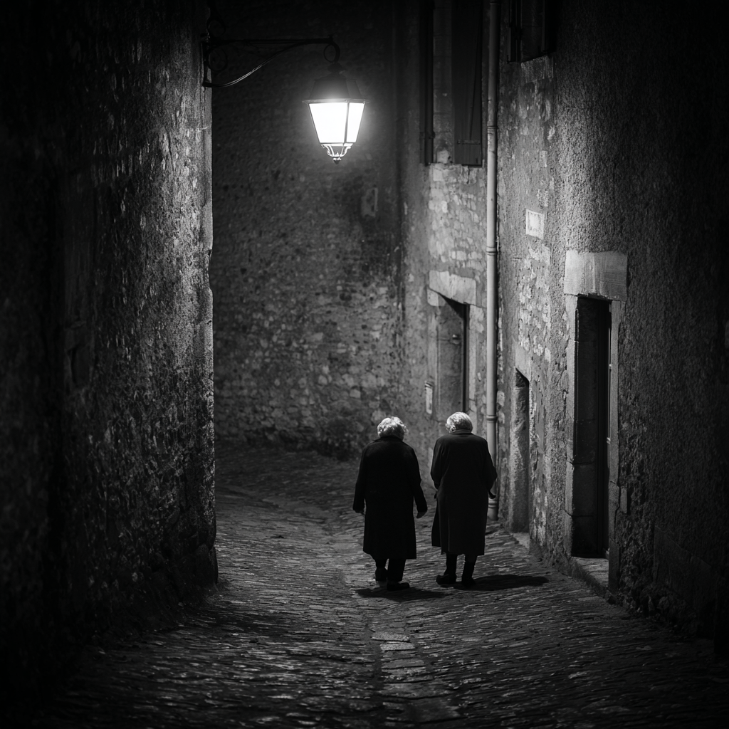 Schwarz-weiß Szene mit zwei älteren Personen, die nachts unter einer Straßenlaterne durch eine schmale Gasse gehen, ruhige und poetische Stimmung