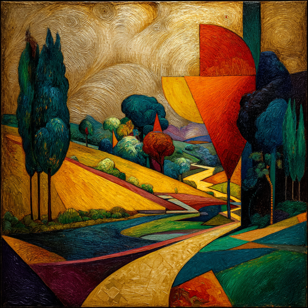 Symbolische Landschaft mit geschwungenem Weg, geometrischen Formen und farbintensivem Himmel in Gold- und Grüntönen.