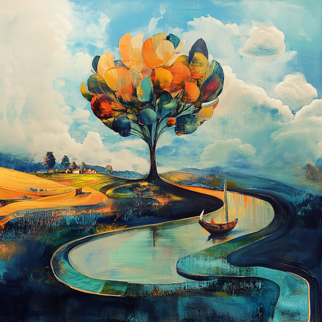Symbolische Landschaft mit geschwungenem Fluss, Boot und farbigem Baum unter weitem Himmel.