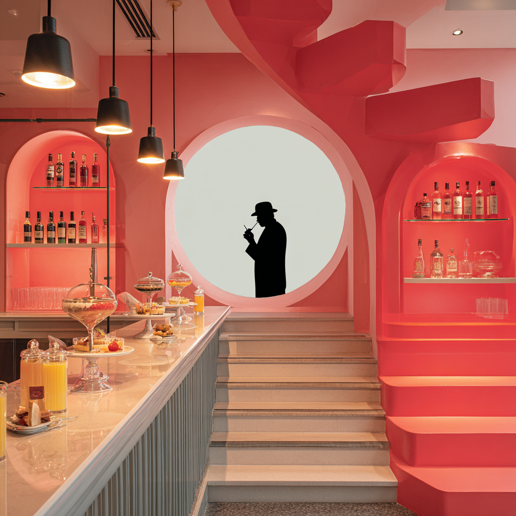 Silhouette eines Mannes mit Hut steht in einem runden Durchbruch einer rosafarbenen Bar mit Treppe, Regalen und warmem Licht.