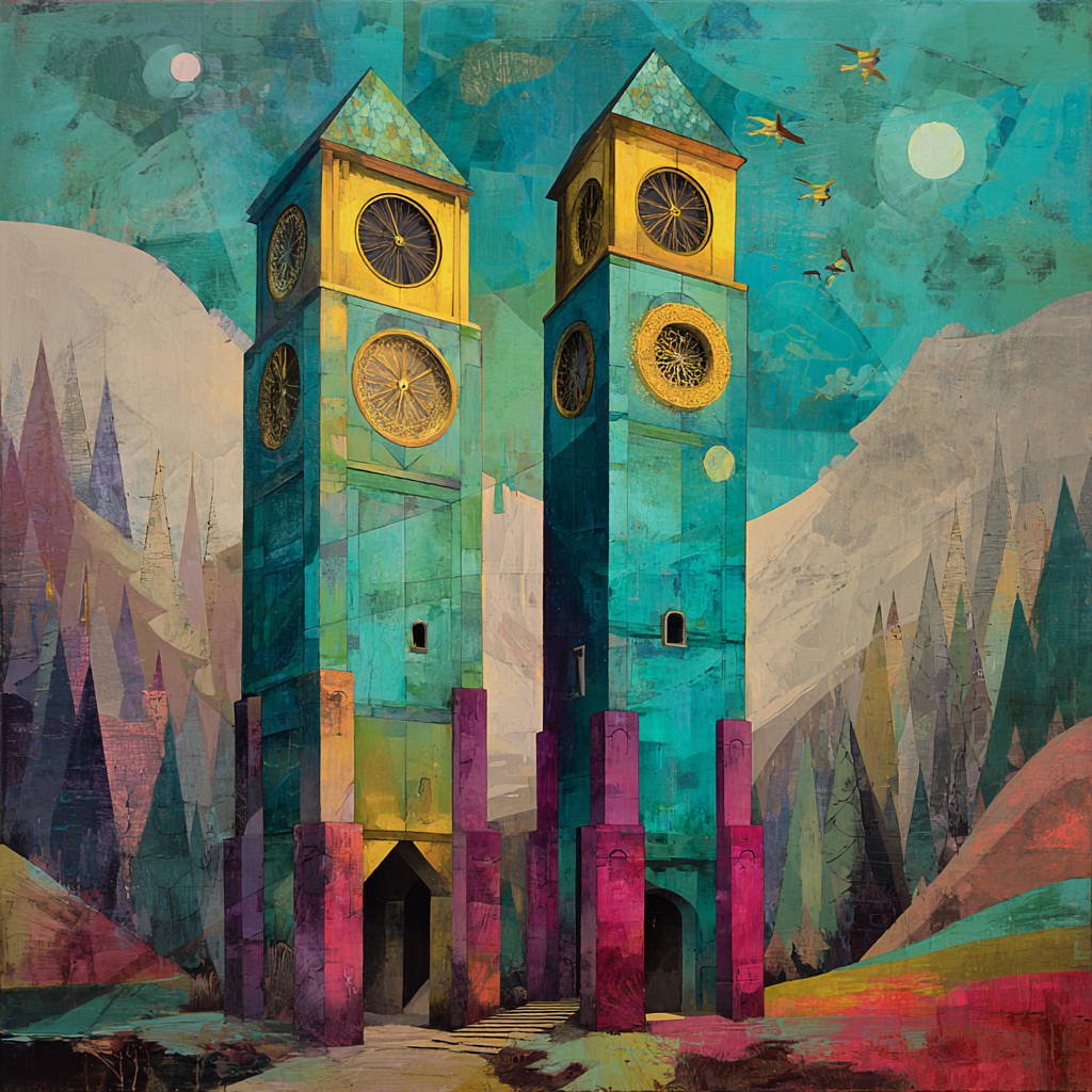 Symbolische Darstellung zweier farbiger Türme mit Uhrmotiven in traumhafter Landschaft, ruhig-poetische und architektonische Atmosphäre
