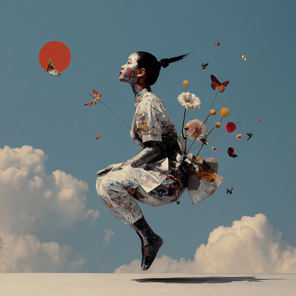 Schwebende weibliche Figur mit Blumen und Schmetterlingen vor blauem Himmel und roter Sonne.