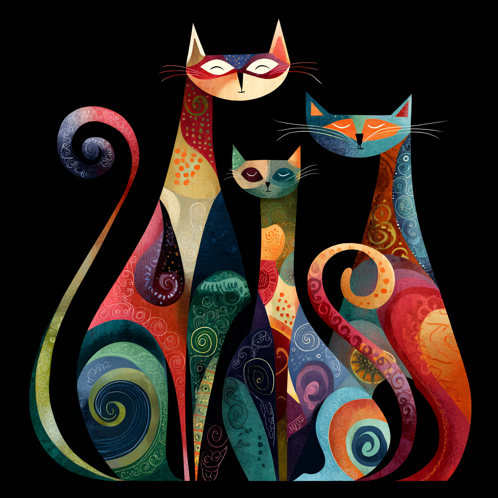 Symbolische Tierdarstellung mit drei farbenfrohen, ornamentalen Katzen vor schwarzem Hintergrund, ruhig-verspielte und harmonische Wirkung