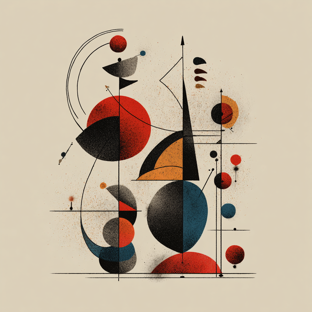 Abstrakte geometrische Komposition mit Kreisen, Linien und grafischen Formen in Rot-, Blau-, Schwarz- und Ockertönen auf hellem Hintergrund.