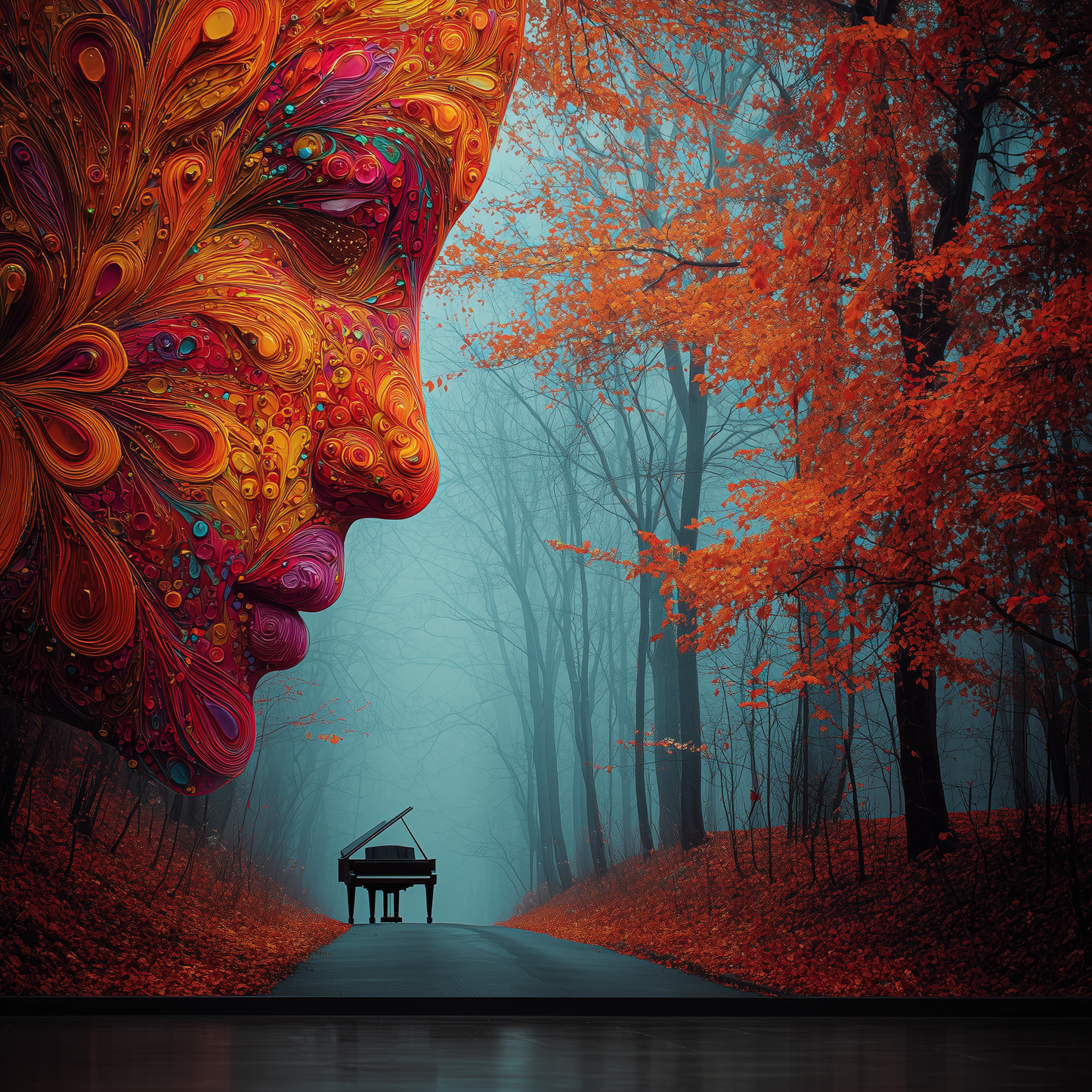 Symbolisches Porträt eines farbintensiven Gesichts im Profil vor herbstlichem Wald mit einem schwarzen Flügel auf einem nebligen Weg.
