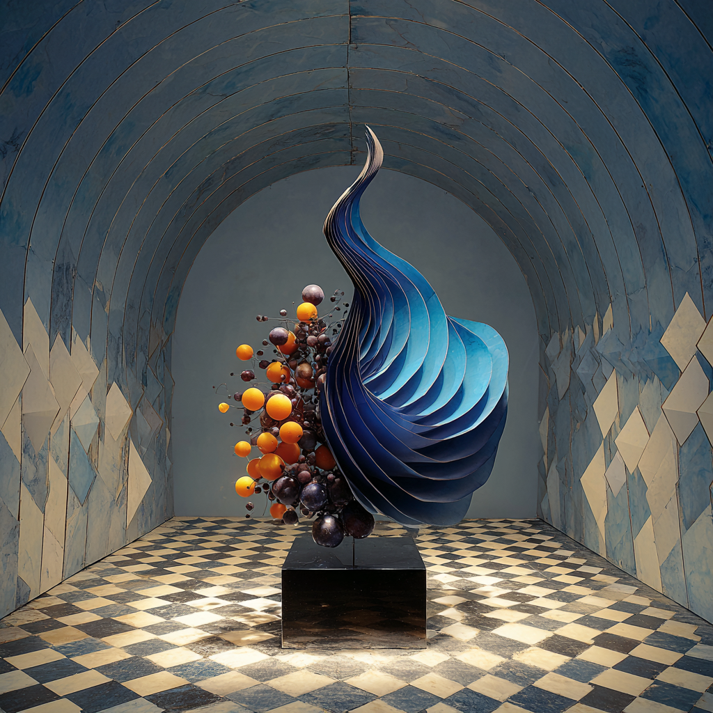 Abstrakte blaue Spiralform mit schwebenden Kugeln in einem architektonischen Raum.