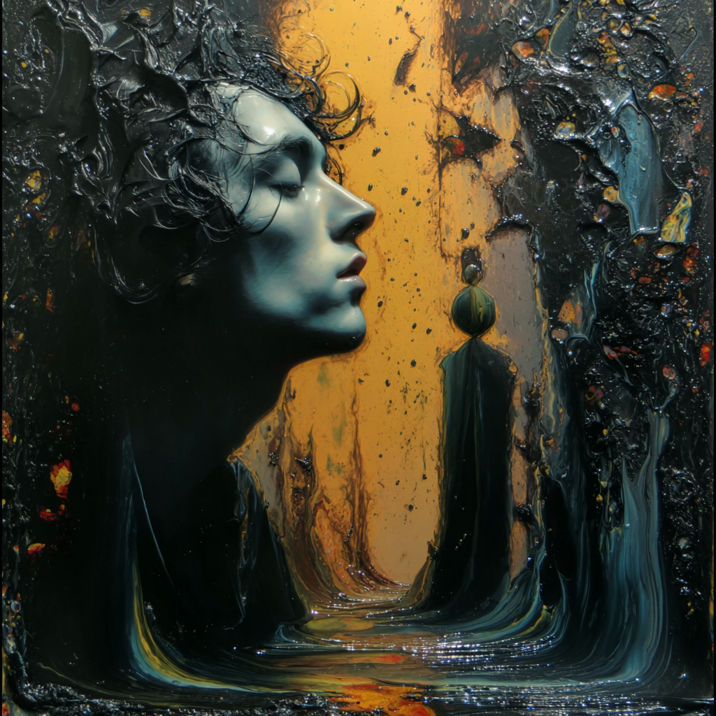Surreal-symbolisches Kunstwerk mit Frauenporträt im Profil, stehender Figur, dunkler organischer Umgebung und warmen goldenen Akzenten.