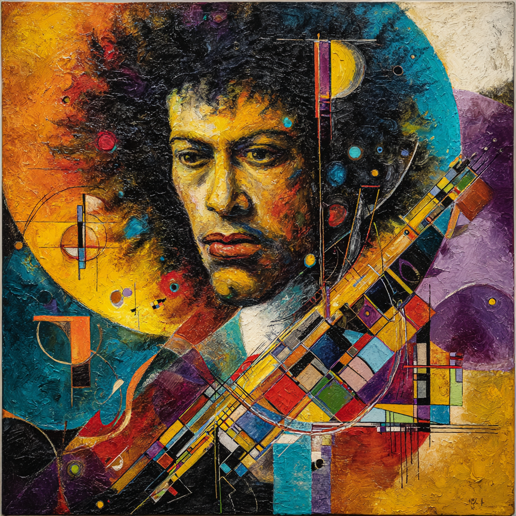 Ausdrucksstarkes Porträt eines Musikers mit Gitarre in farbenreicher, abstrakter Komposition.