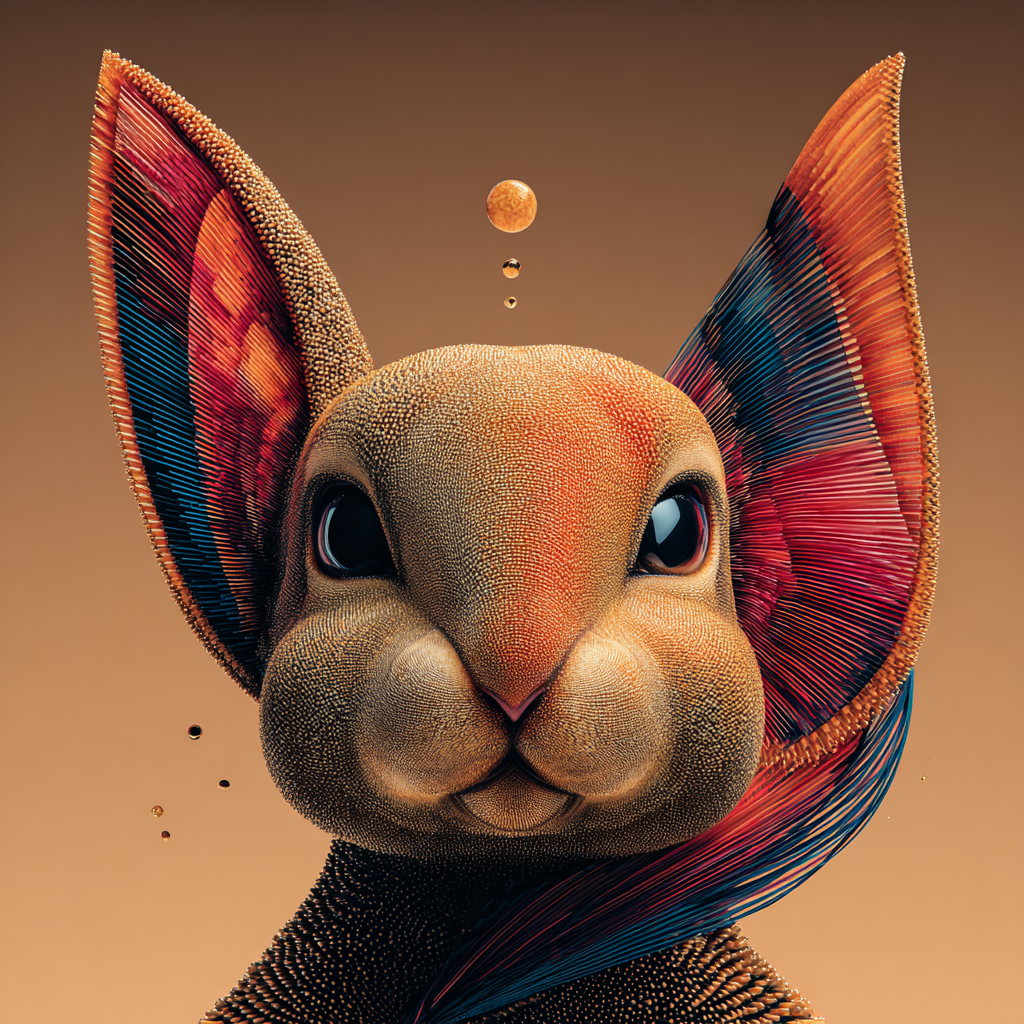 Surreal gestaltetes Kaninchenporträt mit großen farbigen Ohren und kleinen schwebenden Kugeln über dem Kopf.