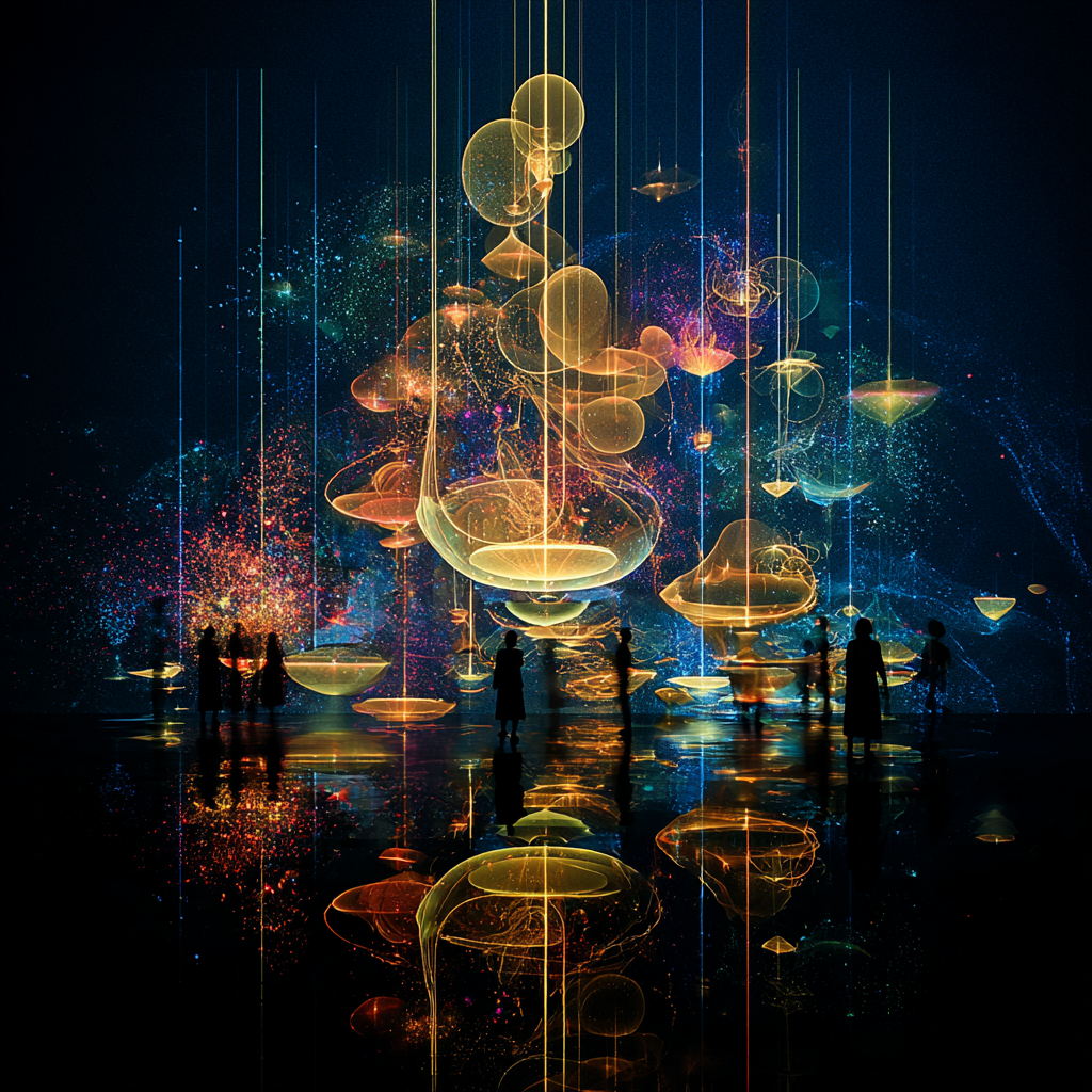 Leuchtende schwebende Formen und Kugeln in einer futuristischen Lichtinstallation mit silhouettierten Menschen.