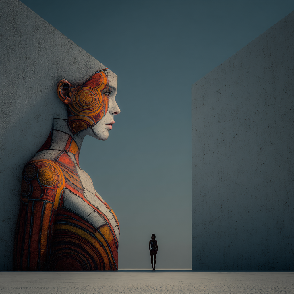 Die monumentale Wächterin – quadratische digitale Kunst mit Wächterin, Architektur, Zukunft