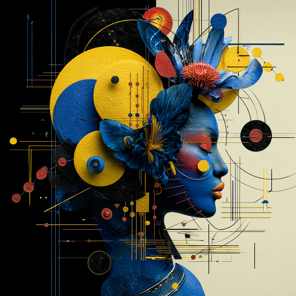 Blütengeometrie – quadratische digitale Kunst mit Frau, Blüten, Geometrie
