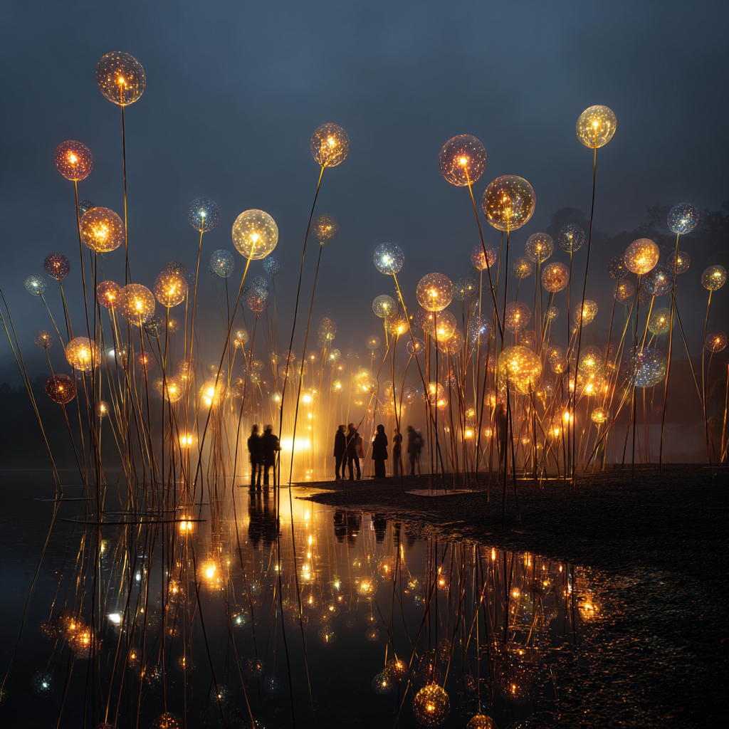 Lichterfeld der Begegnung – quadratische digitale Kunst mit Lichter, Menschen, Begegnung