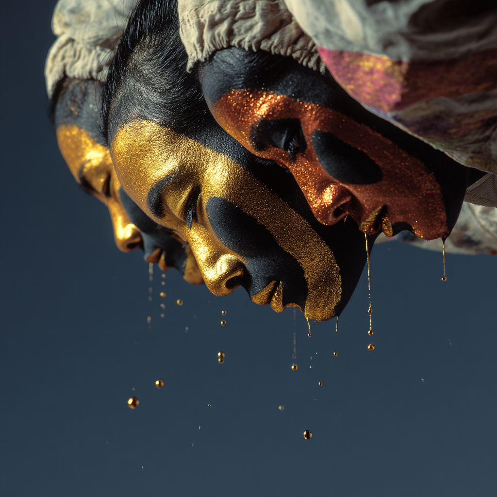 Goldene Tränen – quadratische digitale Kunst mit Gesichter, Tränen, Gold