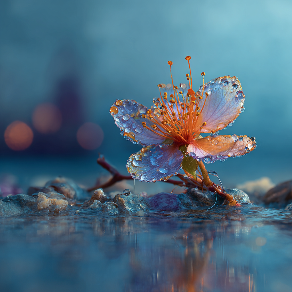 Blüte im Morgentau – quadratische digitale Kunst mit Blüte, Tau, Morgen