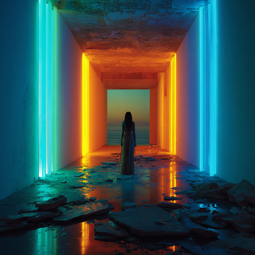 Der Weg zum Meer – quadratische digitale Kunst mit Frau, Korridor, Meer