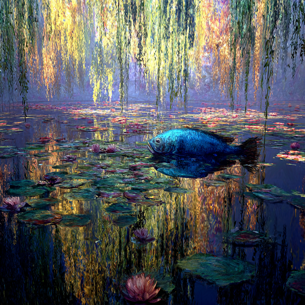 Fisch im Seerosenteich – quadratische digitale Kunst mit Fisch, Seerosen, Teich