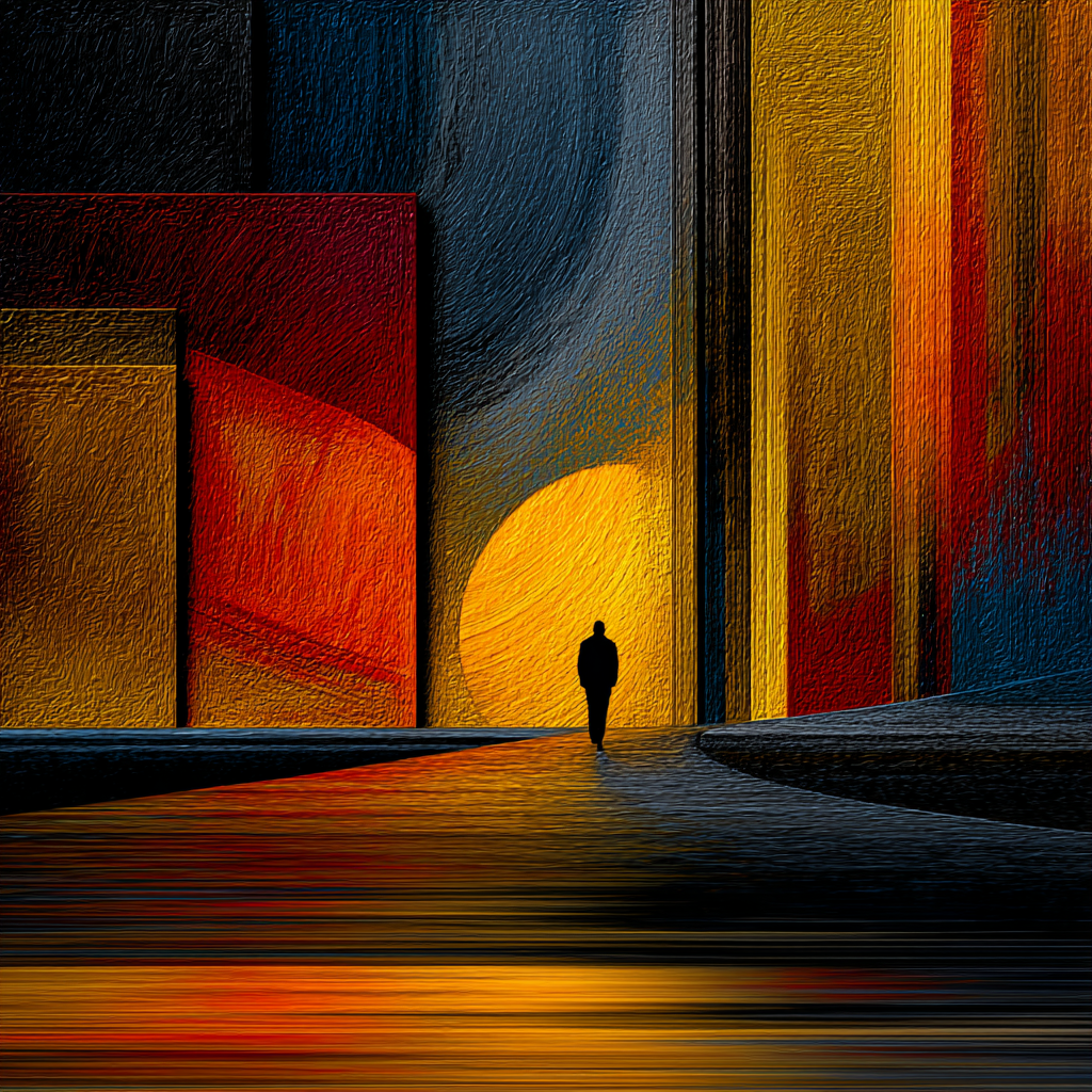 Schritt ins Licht – quadratische digitale Kunst mit Mensch, Stadt, Licht