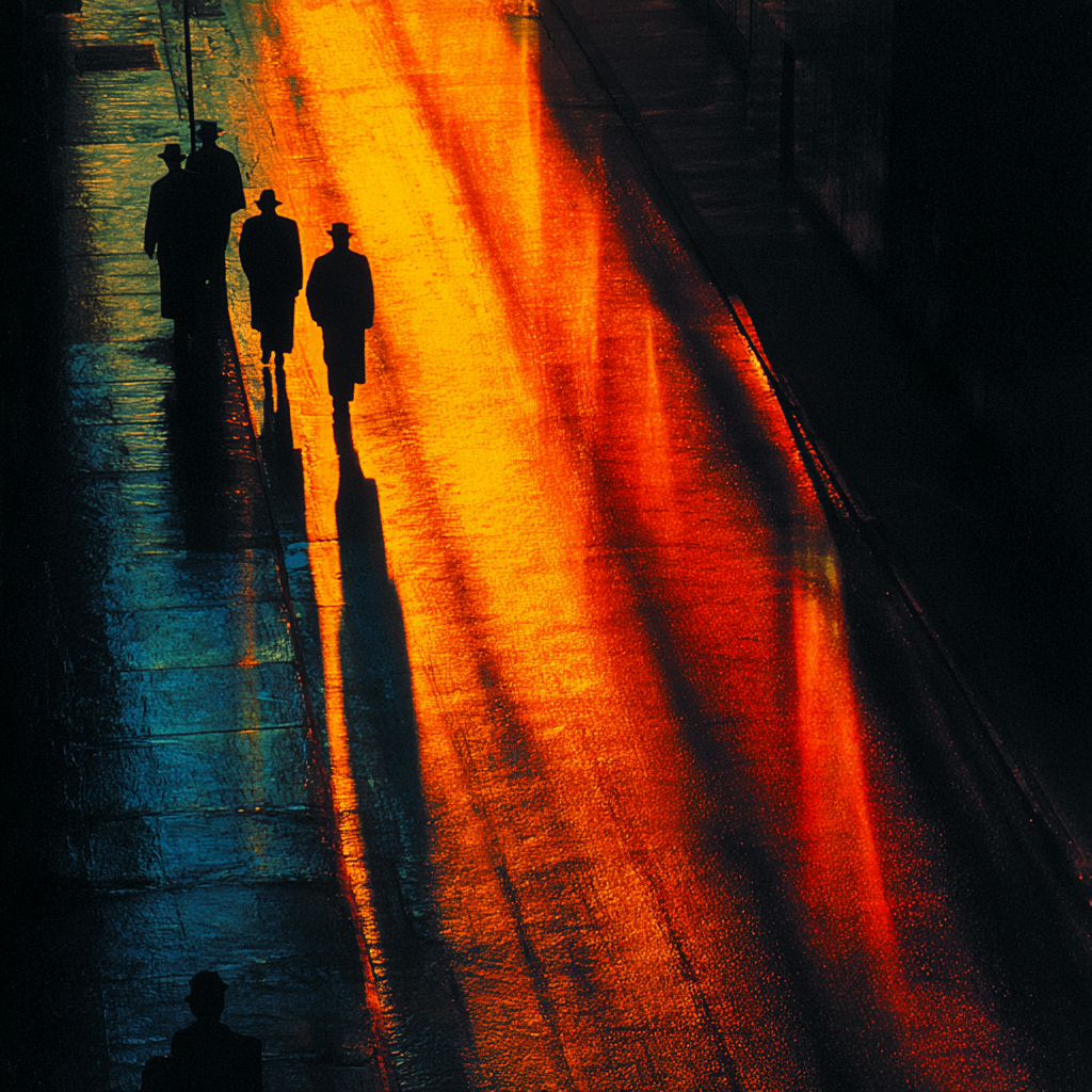 Dunkle Silhouetten von Passanten mit langen Schatten auf einer orange und türkis leuchtenden Straße