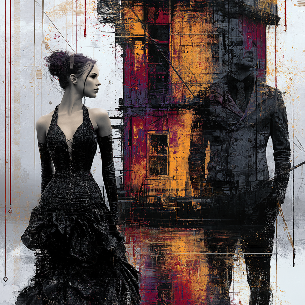 Frau und schemenhafter Mann in vielschichtiger urbaner Komposition