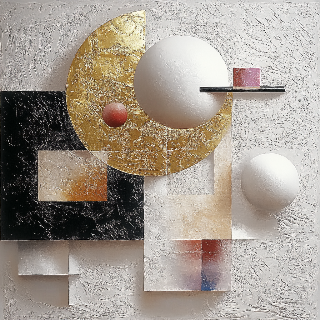 Minimalistische Komposition mit weißer Sphäre goldenem Bogen und roten Akzenten