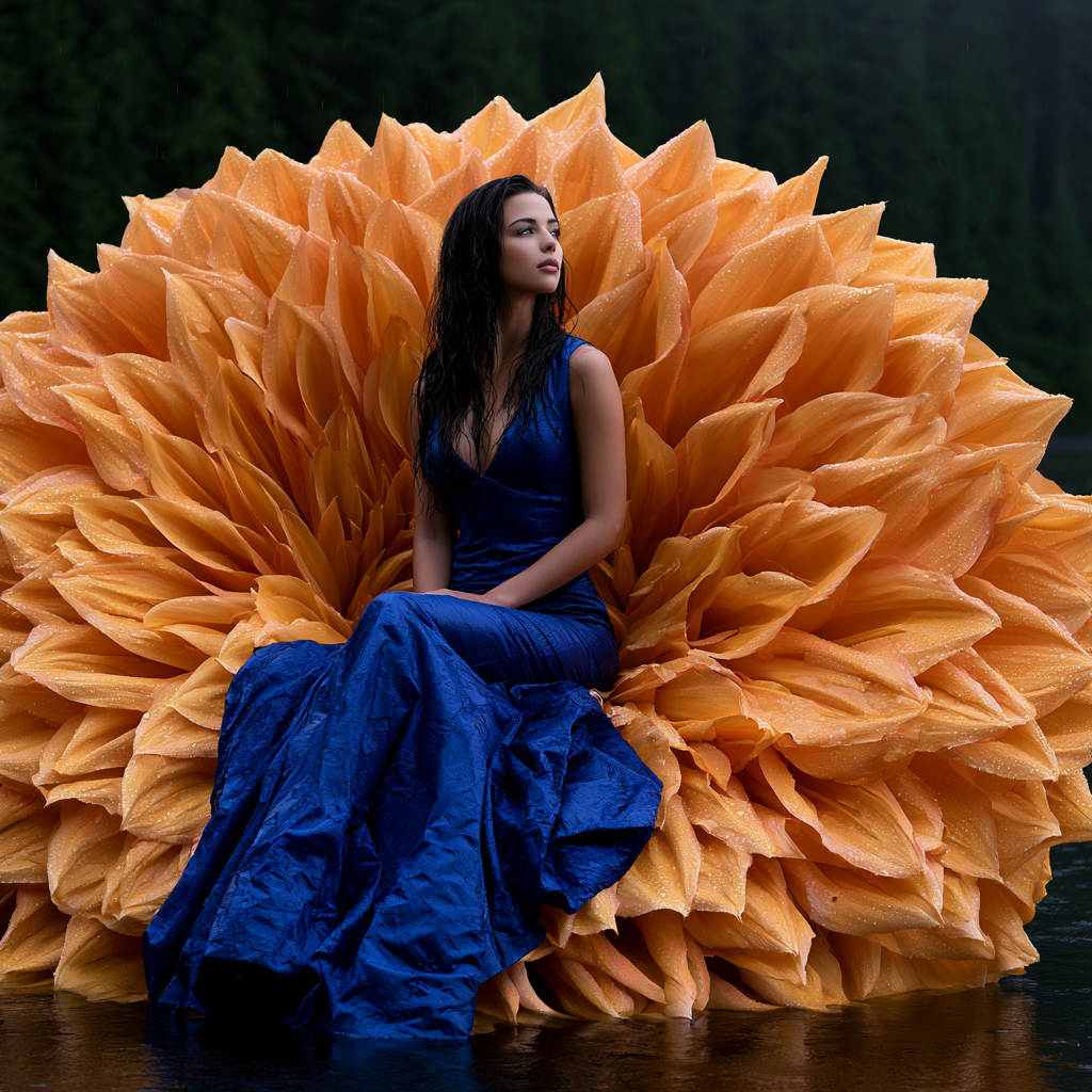 Blüte in Blau – quadratische digitale Kunst mit Frau, Blüte, Traumwelt