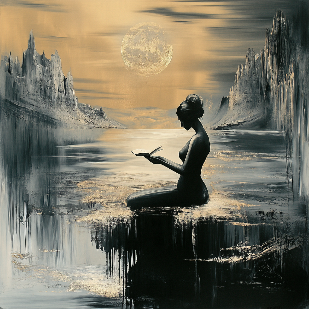 Leserin im Mondtal – quadratische digitale Kunst mit Lesen, Mond, Eislandschaft
