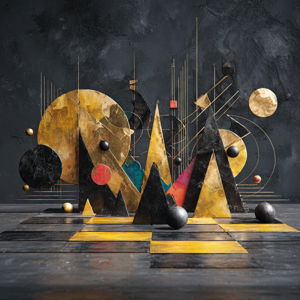 Goldene Konstellation – quadratische digitale Kunst mit Geometrie, Gold, Balance