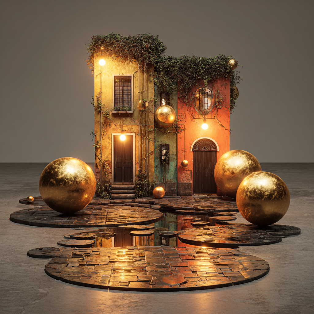 Haus der goldenen Monde – quadratische digitale Kunst mit Häuser, Lichtkugeln, Nacht
