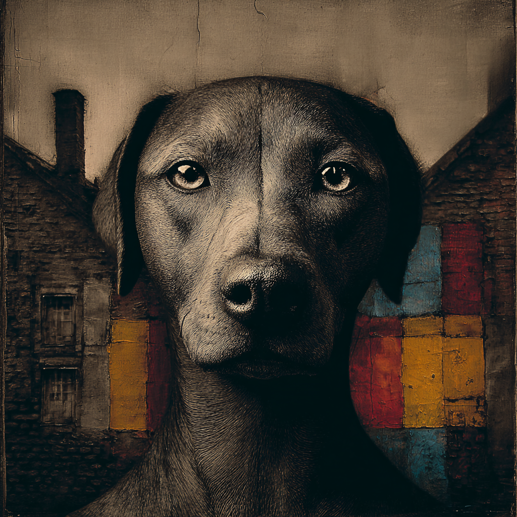 Der treue Blick – quadratische digitale Kunst mit Hund, Stadt, Treue