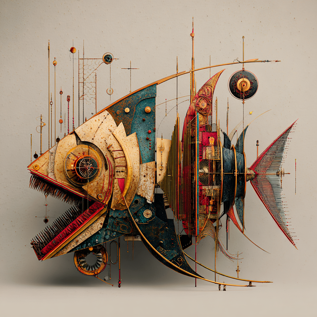 Maschine des Meeres – quadratische digitale Kunst mit Fisch, Mechanik, Meer