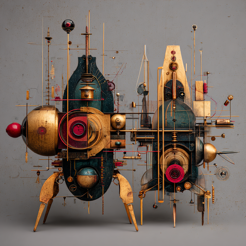 Die zwei Erfinder – quadratische digitale Kunst mit Maschinen, Begegnung, Technik