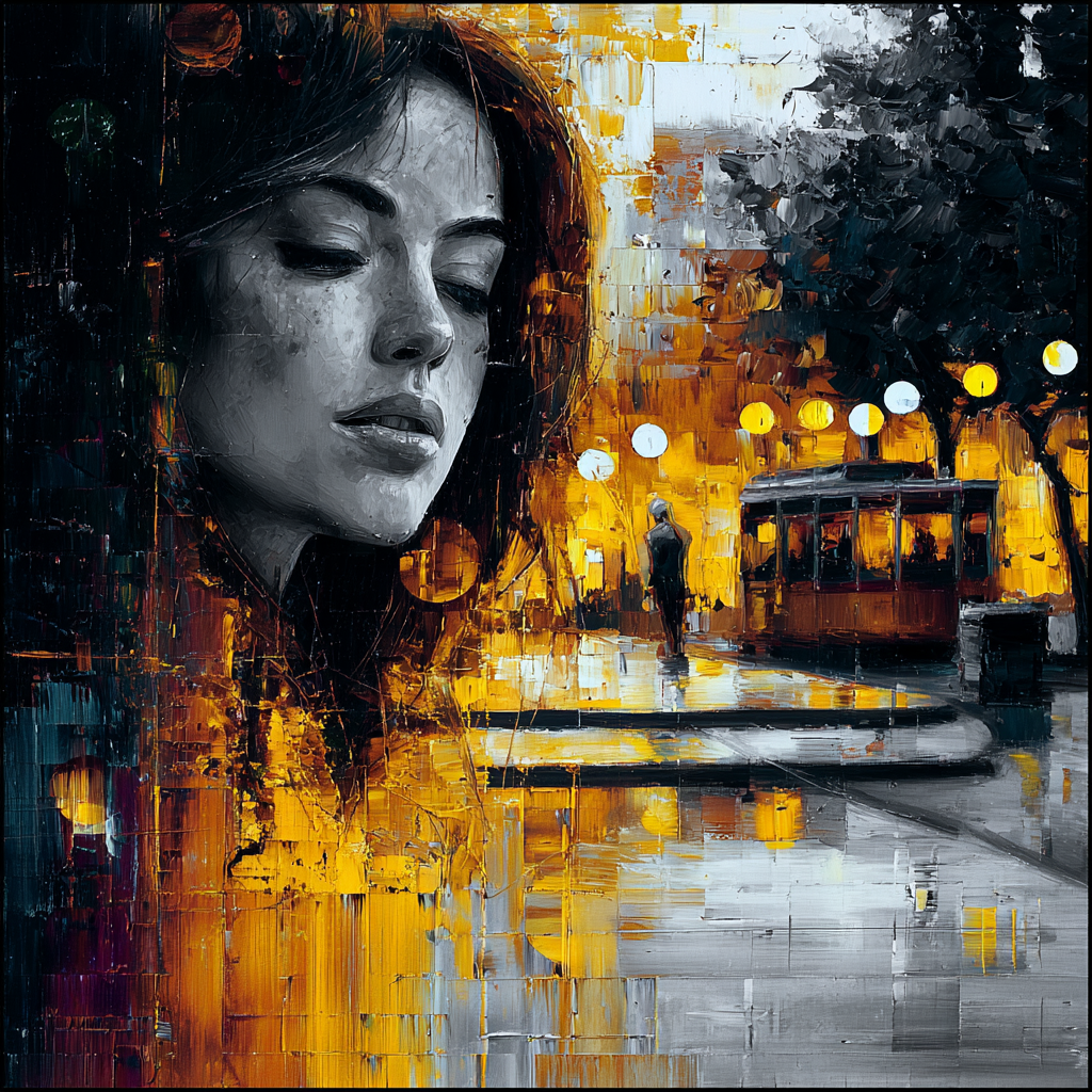 Erinnerung an die Nacht – quadratische digitale Kunst mit Frau, Stadt, Regen